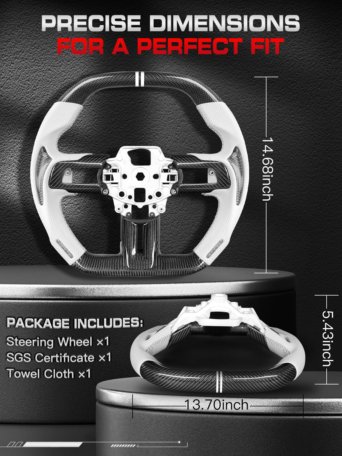 Carbon-Fiber Steering Wheel for Ford Mustang 2018–2023, Matching Decorative Trim Piece, Flat-Bottom, Black Nappa Leather with Red Stripe & Red Hand-Stitching, for EcoBoost/GT/GT350/GT350R