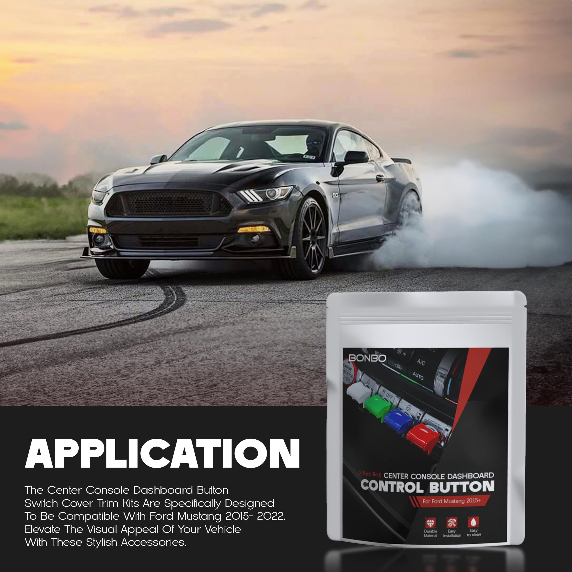 Center Console Dashboard Control Button Cover Trim Interior Accessories for Ford Mustang 2015-2022(4 Pack, Red)