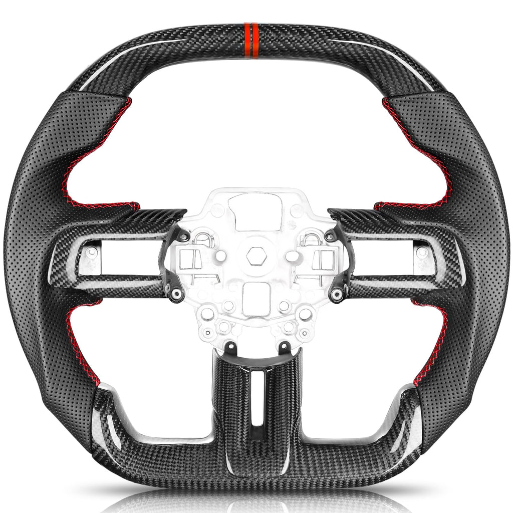 Carbon-Fiber Steering Wheel for Ford Mustang 2018–2023, Matching Decorative Trim Piece, Flat-Bottom, Black Nappa Leather with Red Stripe & Red Hand-Stitching, for EcoBoost/GT/GT350/GT350R