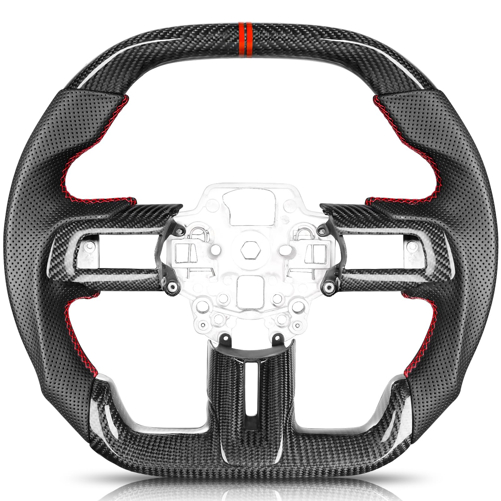 Carbon-Fiber Steering Wheel for Ford Mustang 2018–2023, Matching Decorative Trim Piece, Flat-Bottom, Black Nappa Leather with Red Stripe & Red Hand-Stitching, for EcoBoost/GT/GT350/GT350R