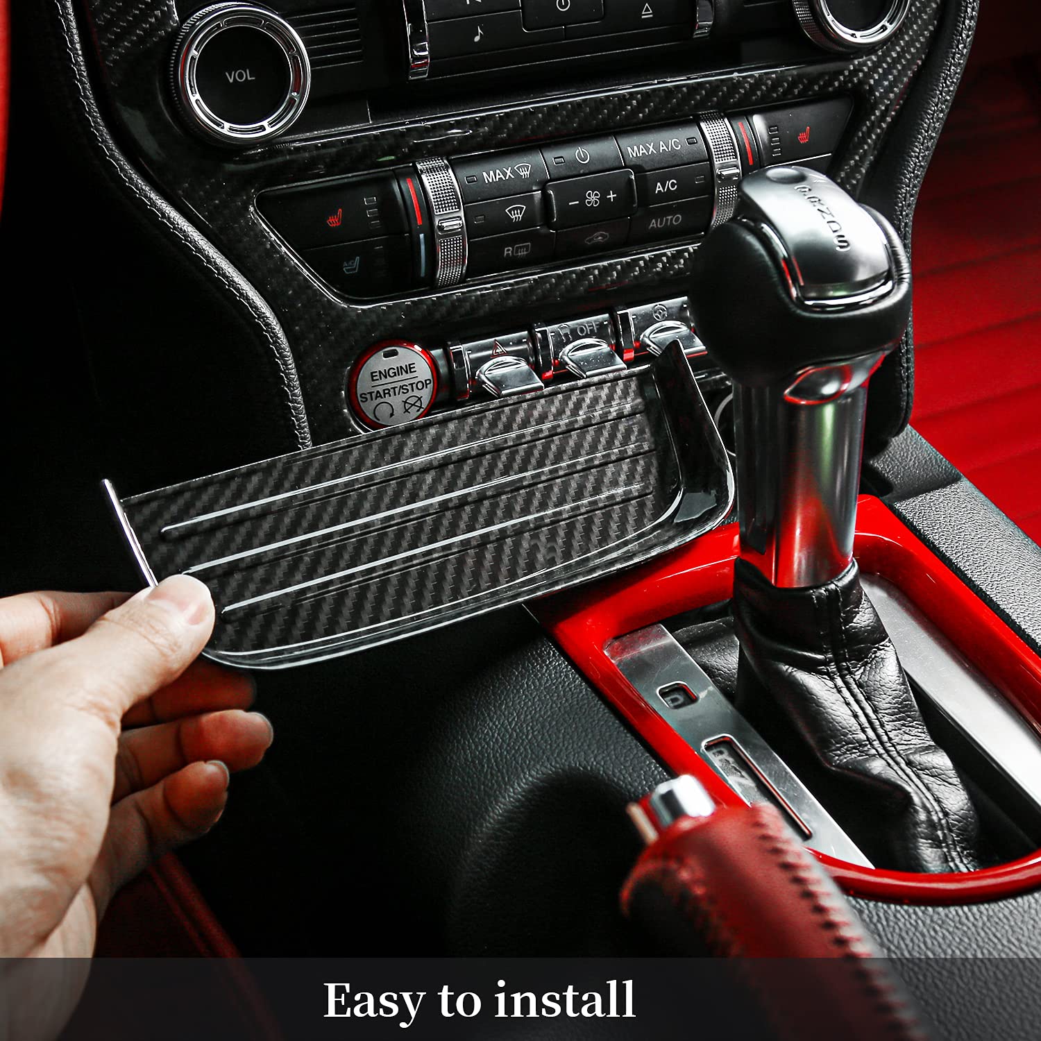 RT-TCZ Carbon Fiber Gear Shift Panel Storage Box Organizer Tray Center Console Trim Cover Accessories for Ford Mustang 2015 2016 2017 2018 2019 2020 2021 2022 2023 2024