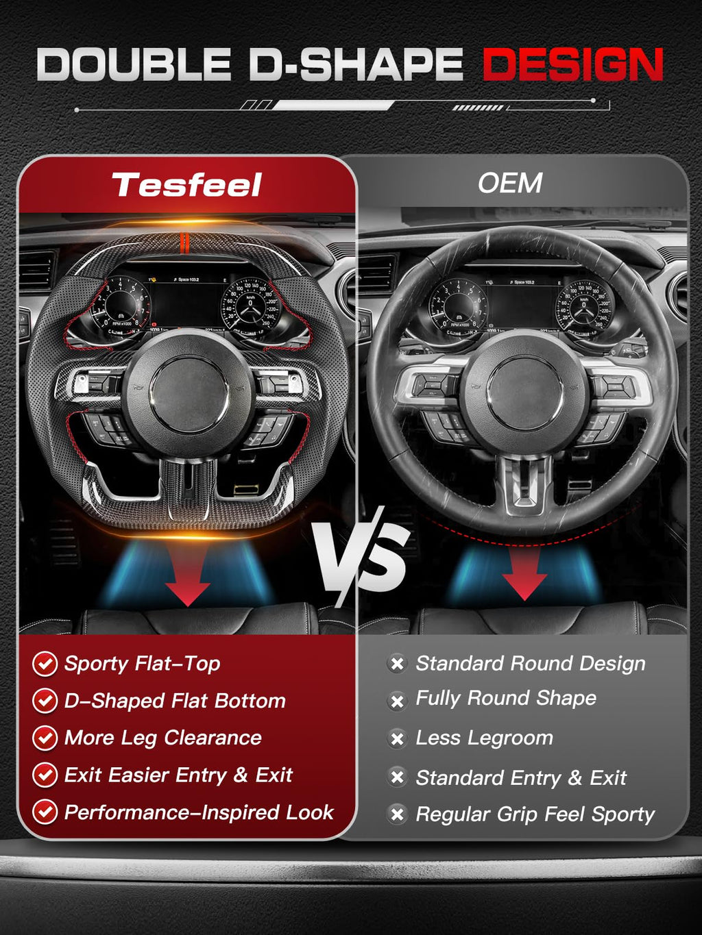 Carbon-Fiber Steering Wheel for Ford Mustang 2018–2023, Matching Decorative Trim Piece, Flat-Bottom, Black Nappa Leather with Red Stripe & Red Hand-Stitching, for EcoBoost/GT/GT350/GT350R