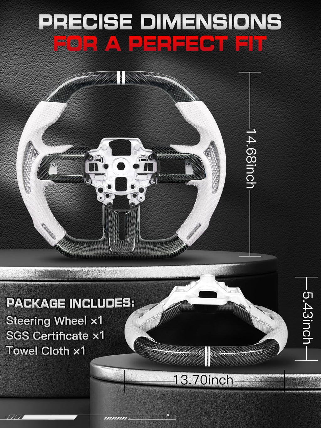 Carbon-Fiber Steering Wheel for Ford Mustang 2018–2023, Matching Decorative Trim Piece, Flat-Bottom, Black Nappa Leather with Red Stripe & Red Hand-Stitching, for EcoBoost/GT/GT350/GT350R