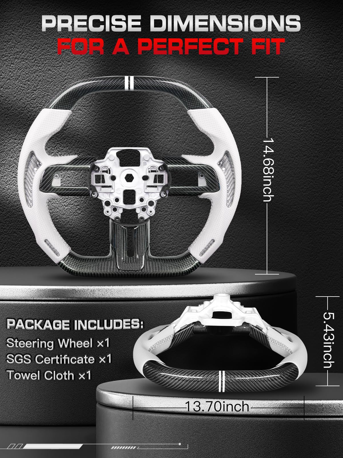 Carbon-Fiber Steering Wheel for Ford Mustang 2018–2023, Matching Decorative Trim Piece, Flat-Bottom, Black Nappa Leather with Red Stripe & Red Hand-Stitching, for EcoBoost/GT/GT350/GT350R