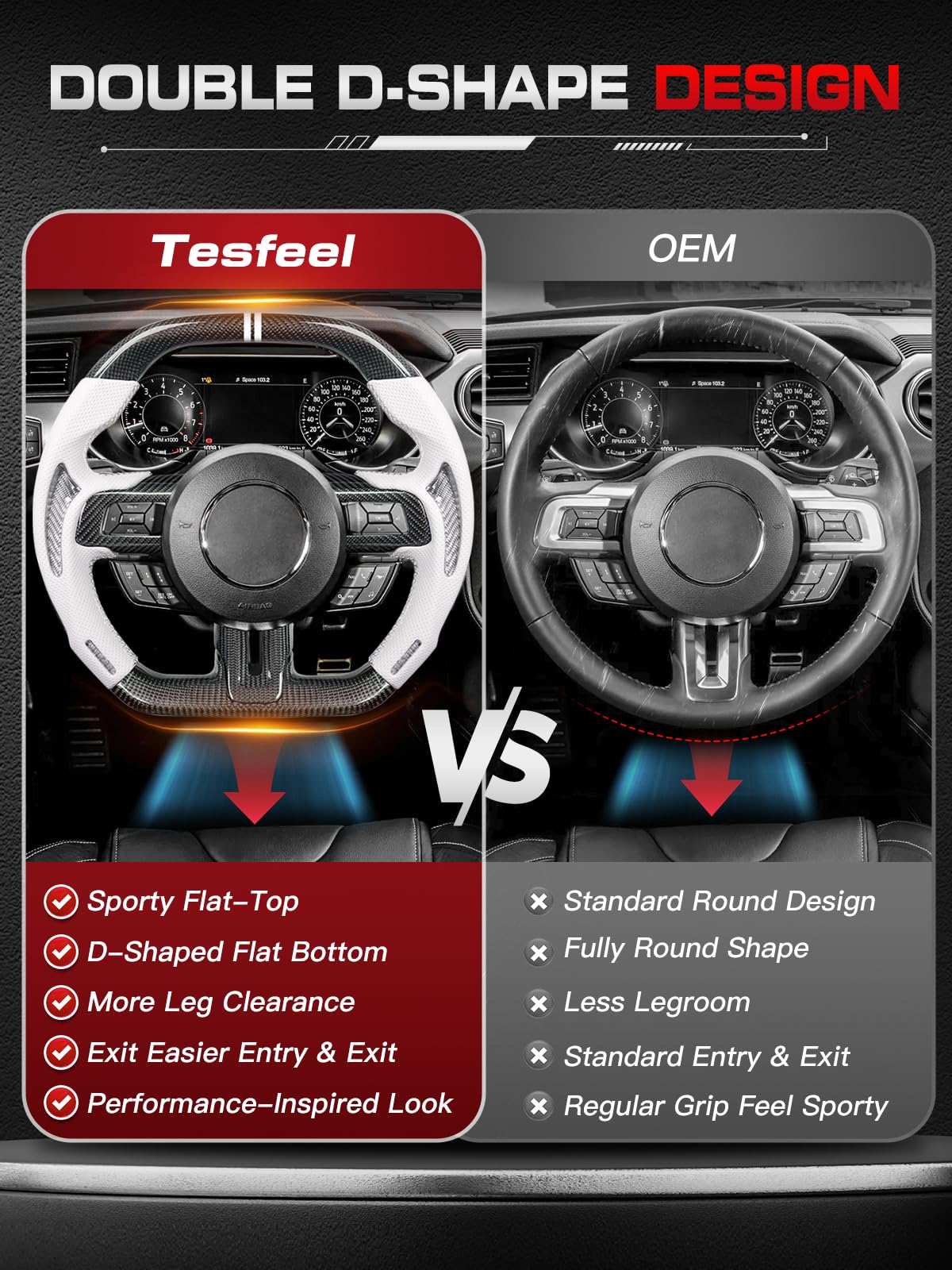 Carbon-Fiber Steering Wheel for Ford Mustang 2018–2023, Matching Decorative Trim Piece, Flat-Bottom, Black Nappa Leather with Red Stripe & Red Hand-Stitching, for EcoBoost/GT/GT350/GT350R