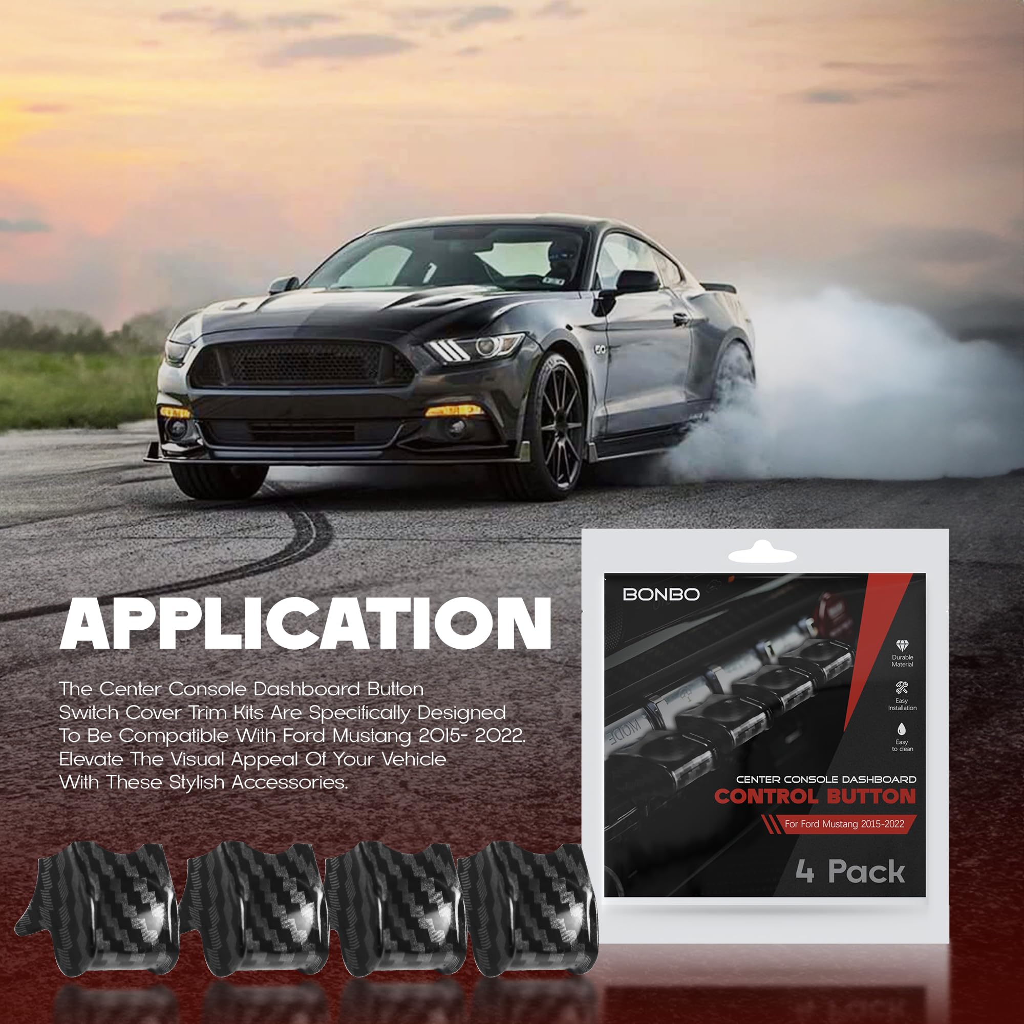 Center Console Dashboard Control Button Cover Trim Interior Accessories for Ford Mustang 2015-2022(4 Pack, Red)