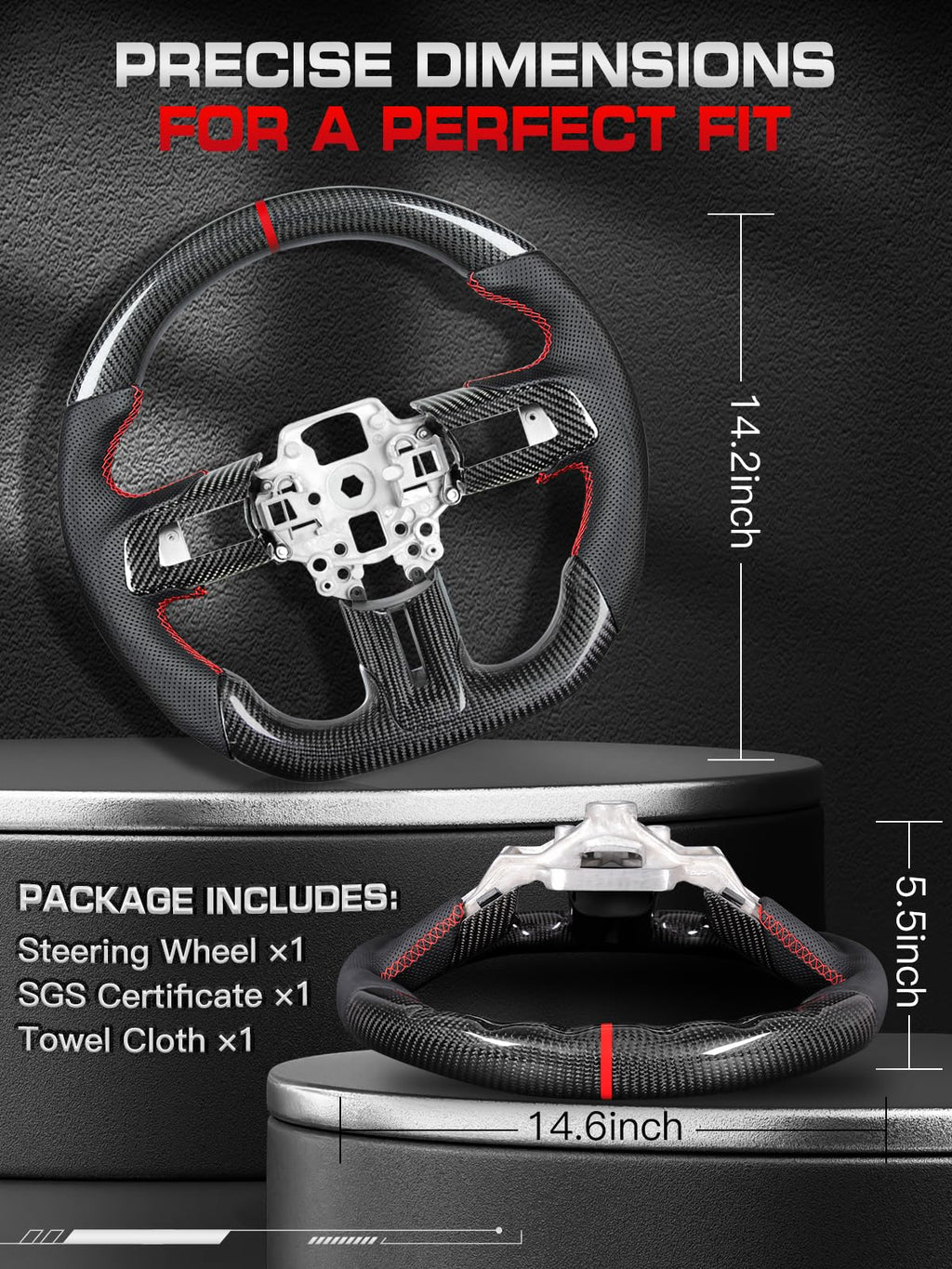 Carbon-Fiber Steering Wheel for Ford Mustang 2018–2023, Matching Decorative Trim Piece, Flat-Bottom, Black Nappa Leather with Red Stripe & Red Hand-Stitching, for EcoBoost/GT/GT350/GT350R