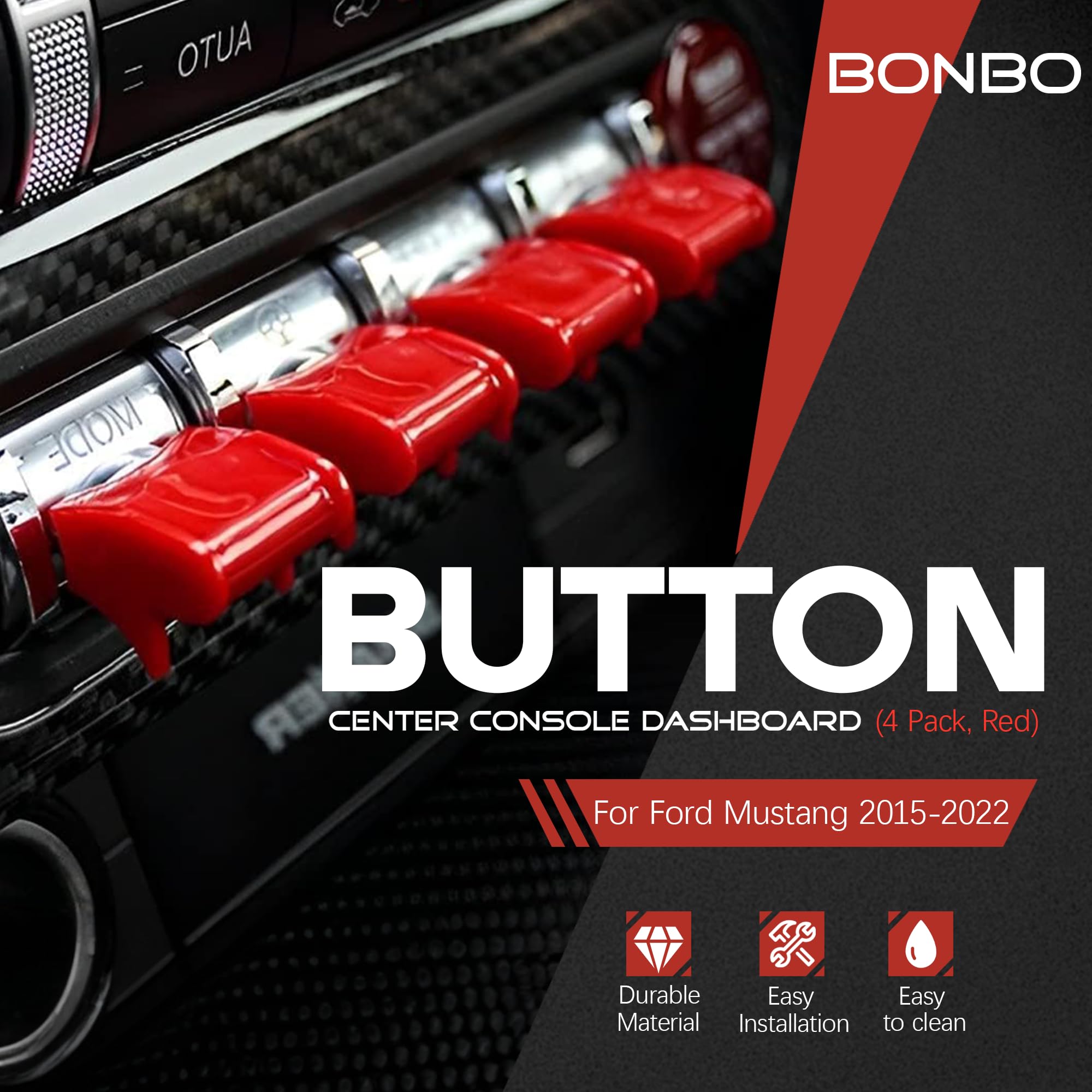 Center Console Dashboard Control Button Cover Trim Interior Accessories for Ford Mustang 2015-2022(4 Pack, Red)