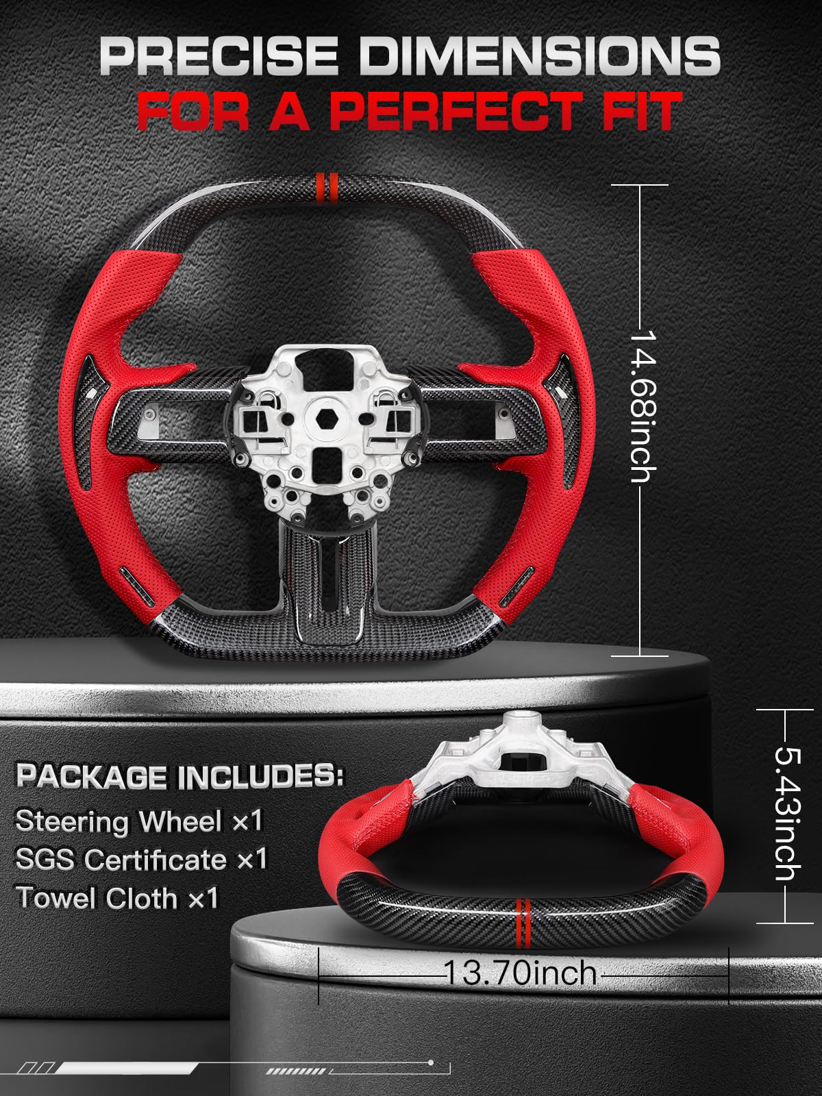 Carbon-Fiber Steering Wheel for Ford Mustang 2018–2023, Matching Decorative Trim Piece, Flat-Bottom, Black Nappa Leather with Red Stripe & Red Hand-Stitching, for EcoBoost/GT/GT350/GT350R