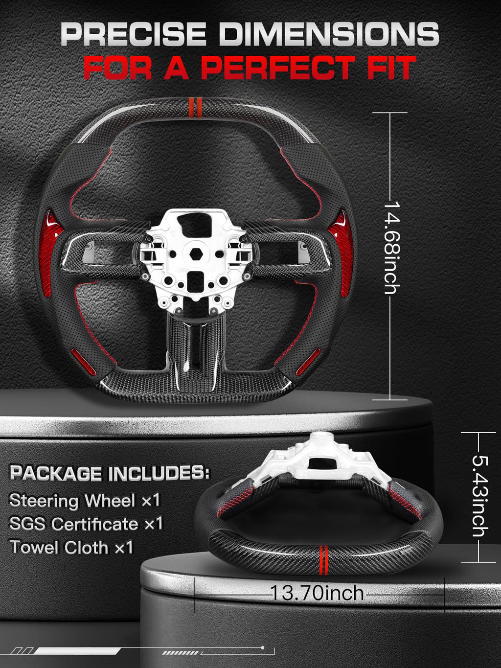 Carbon-Fiber Steering Wheel for Ford Mustang 2018–2023, Matching Decorative Trim Piece, Flat-Bottom, Black Nappa Leather with Red Stripe & Red Hand-Stitching, for EcoBoost/GT/GT350/GT350R