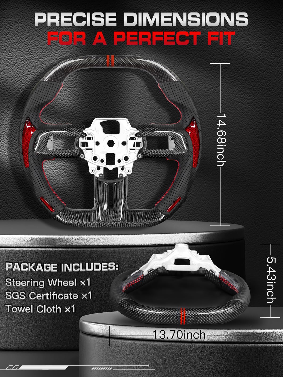 Carbon-Fiber Steering Wheel for Ford Mustang 2018–2023, Matching Decorative Trim Piece, Flat-Bottom, Black Nappa Leather with Red Stripe & Red Hand-Stitching, for EcoBoost/GT/GT350/GT350R