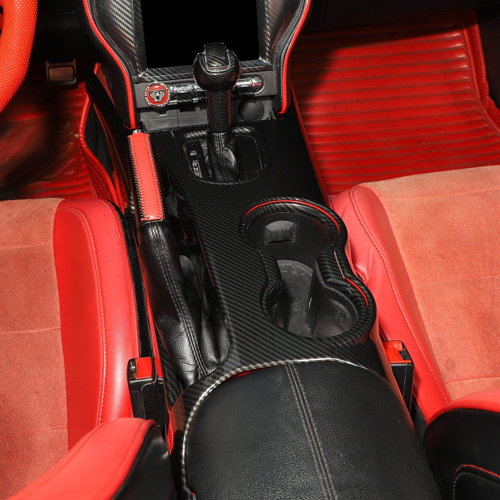 RT-TCZ Carbon Fiber Center Console Gear Shift Panel Trim Cover Cup Holder Frame Interior Decoration Kit Accessories for Ford Mustang 2015-2022