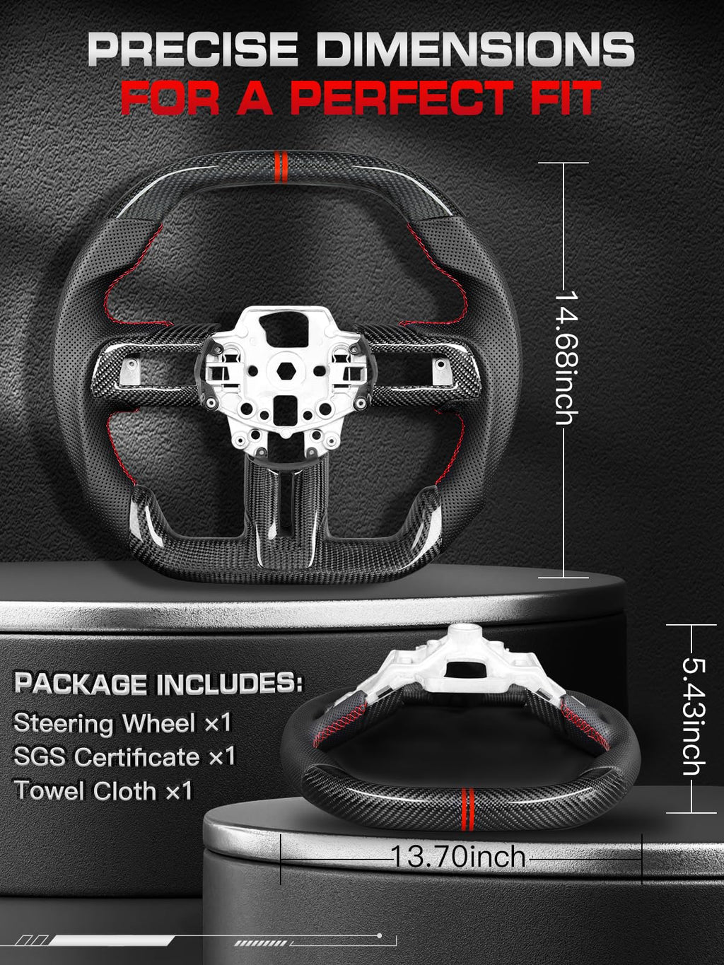 Carbon-Fiber Steering Wheel for Ford Mustang 2018–2023, Matching Decorative Trim Piece, Flat-Bottom, Black Nappa Leather with Red Stripe & Red Hand-Stitching, for EcoBoost/GT/GT350/GT350R