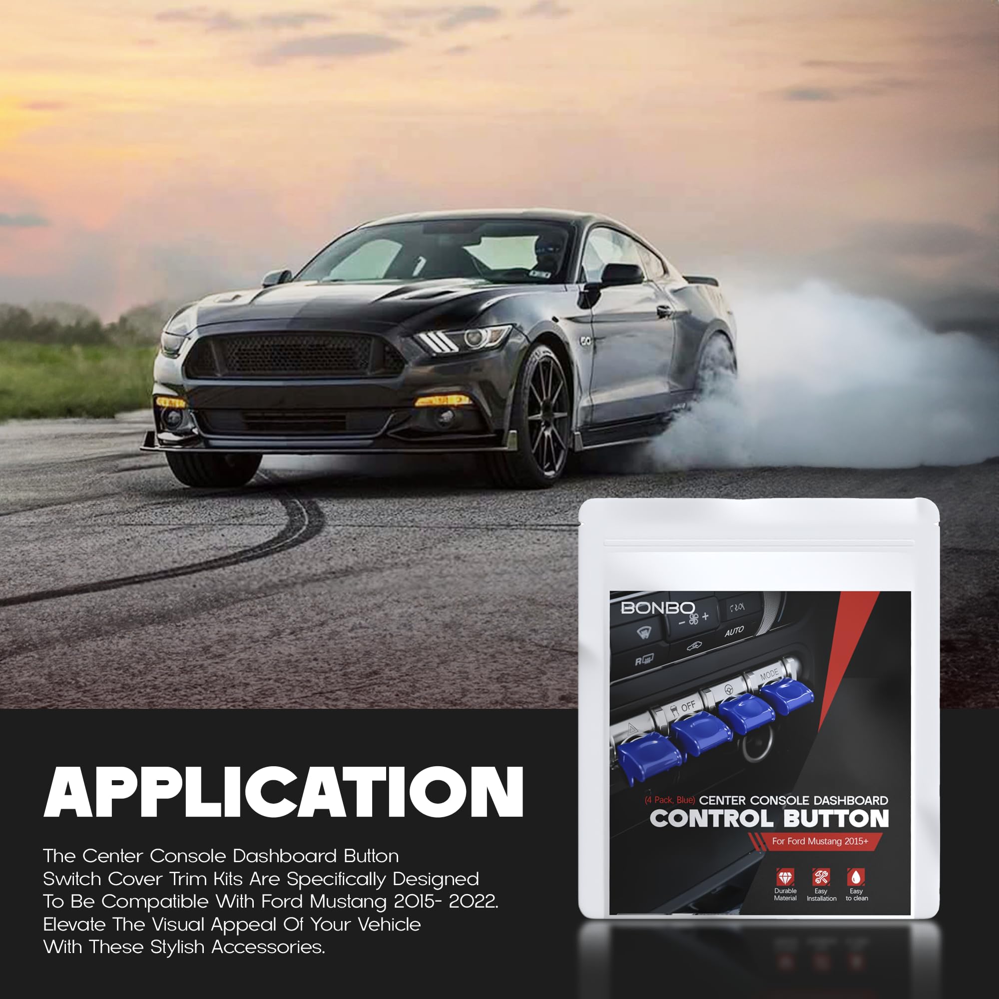 Center Console Dashboard Control Button Cover Trim Interior Accessories for Ford Mustang 2015-2022(4 Pack, Red)