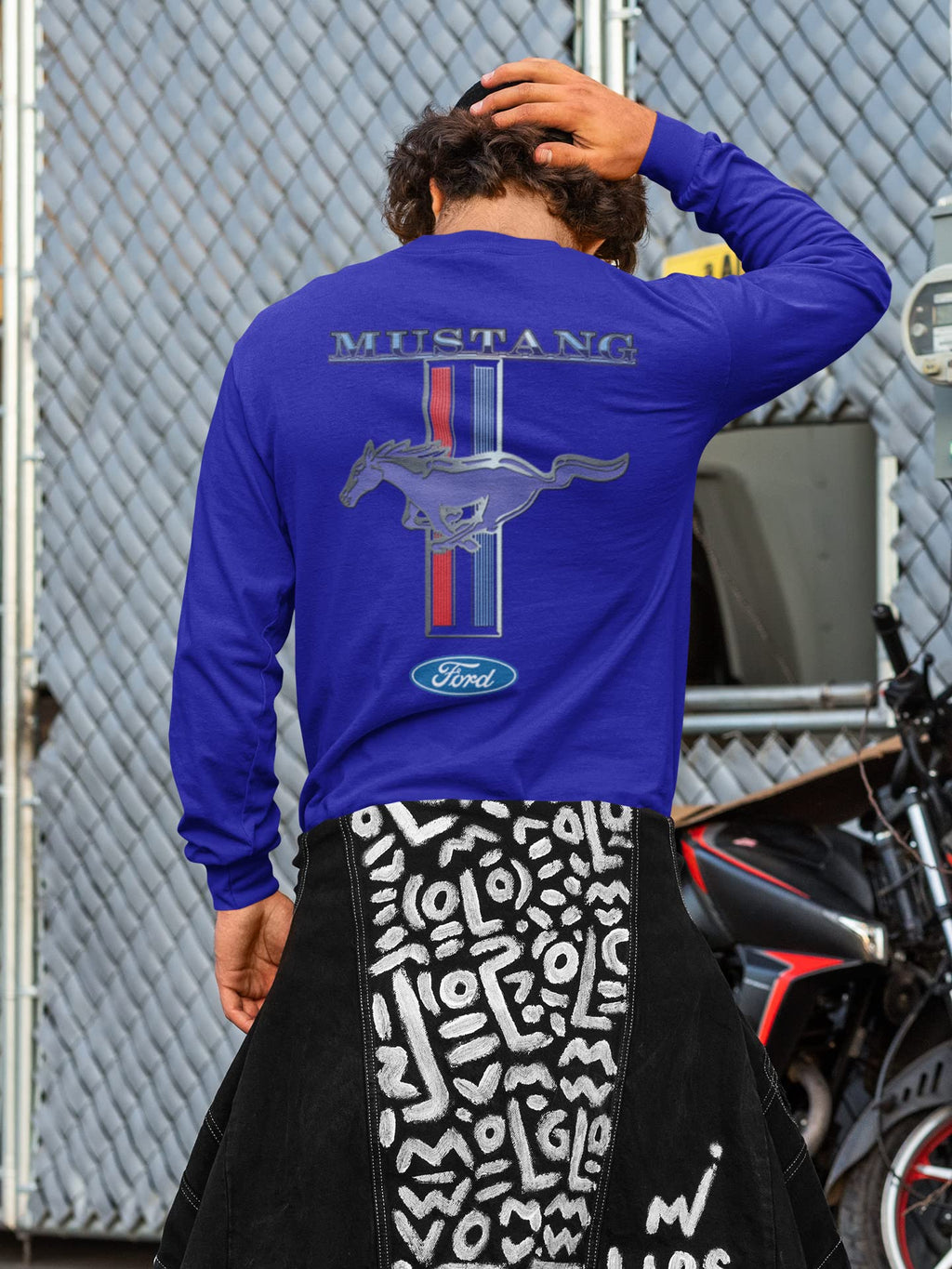 Ford Mustang Pony Racing Stripe 5.0 Muscle Cars Long Sleeve T-Shirt Front Back Print