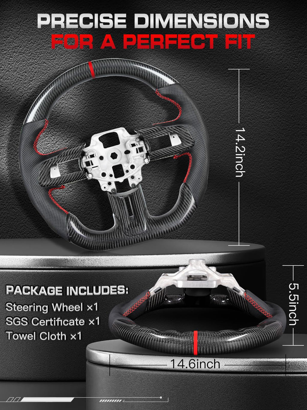 Carbon-Fiber Steering Wheel for Ford Mustang 2018–2023, Matching Decorative Trim Piece, Flat-Bottom, Black Nappa Leather with Red Stripe & Red Hand-Stitching, for EcoBoost/GT/GT350/GT350R