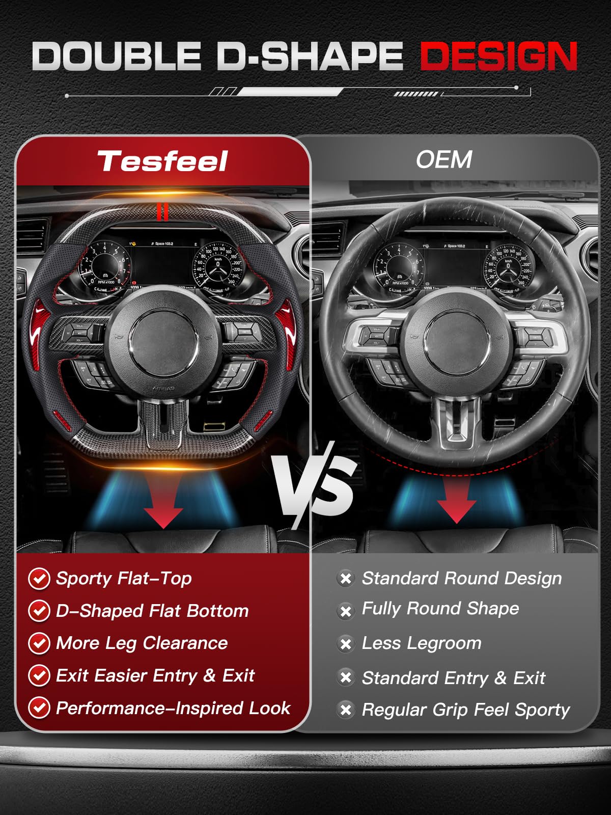 Carbon-Fiber Steering Wheel for Ford Mustang 2018–2023, Matching Decorative Trim Piece, Flat-Bottom, Black Nappa Leather with Red Stripe & Red Hand-Stitching, for EcoBoost/GT/GT350/GT350R