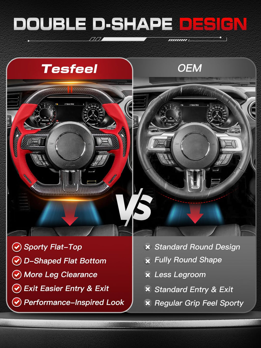 Carbon-Fiber Steering Wheel for Ford Mustang 2018–2023, Matching Decorative Trim Piece, Flat-Bottom, Black Nappa Leather with Red Stripe & Red Hand-Stitching, for EcoBoost/GT/GT350/GT350R