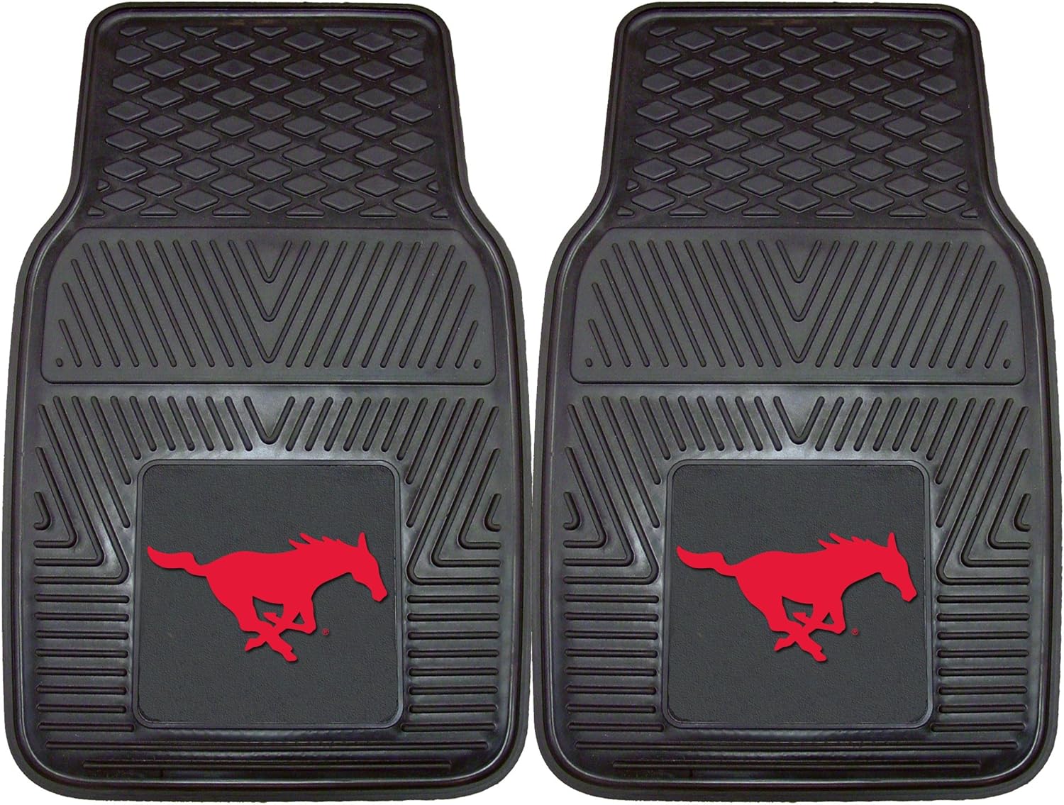 FANMATS 13010 SMU Mustangs 2-Piece Heavy Duty Vinyl Car Mat Set - 17" x 27", Front Row Floor Mats, All Weather Protection, Universal Fit, Deep Resevoir Design